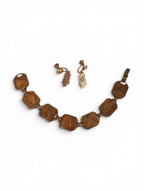 Vintage Copper Link Native American Motif Bracelet and Screw Back Earrings Set